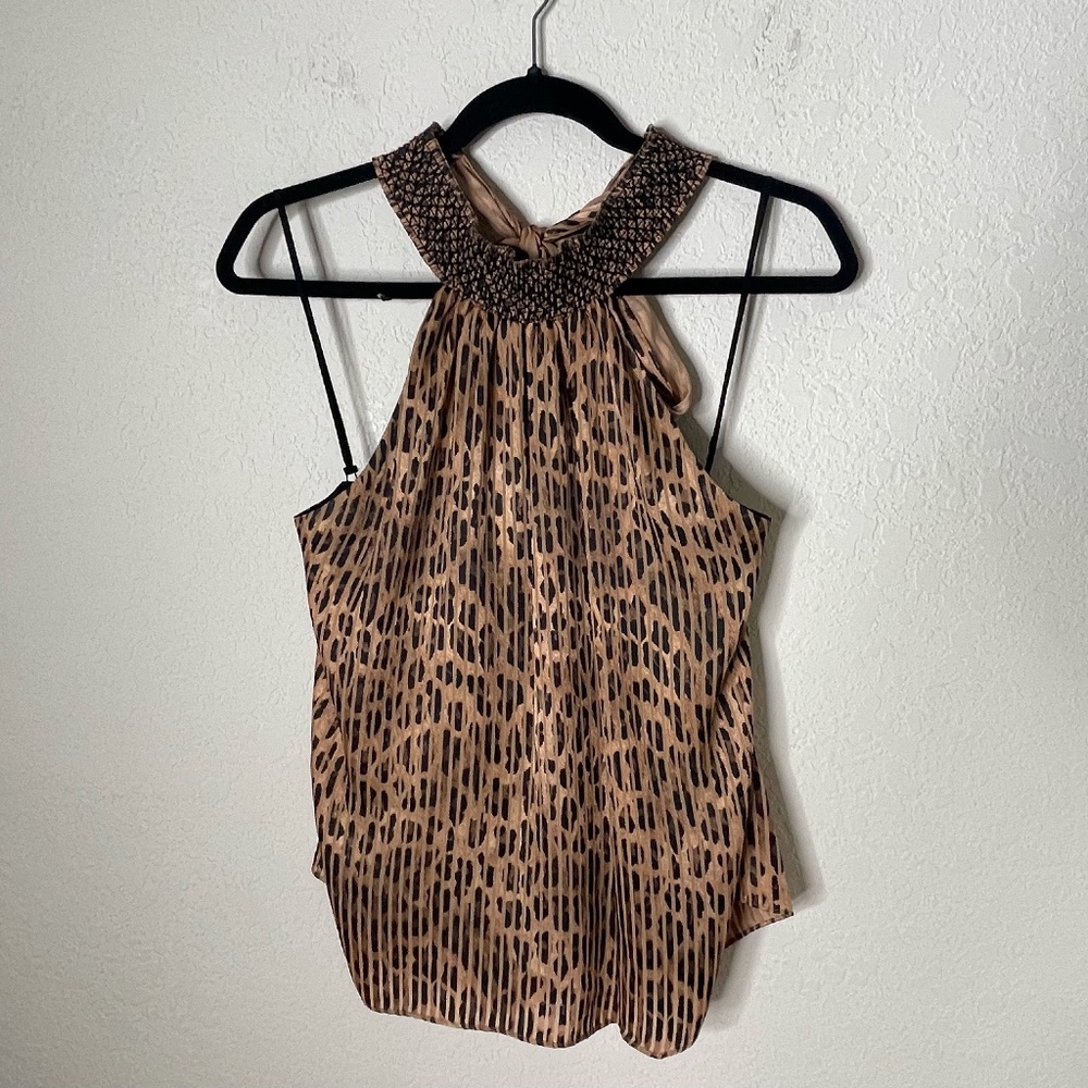 Alice + Olivia Almira Smocked Halter Top Size M Animal Print Open Tie Back Brown